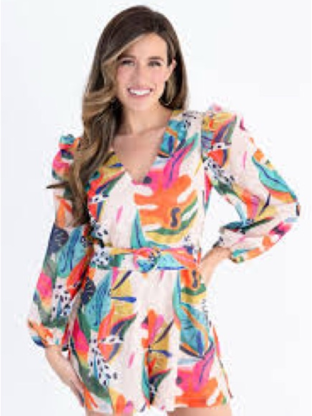 TCEC Multicolor Tropical Print Romper - Pink, Orange, Green, Blue - Picture 4 of 6
